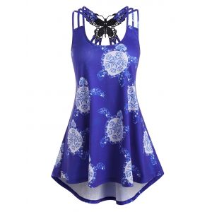 

Plus Size Turtle Flowers Applique Butterfly Triple Straps Tank Top, Blue