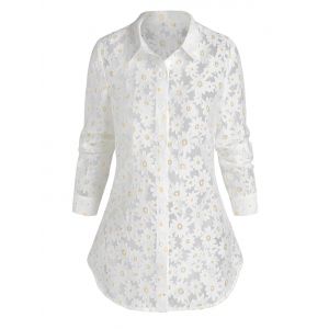 

Long Sleeve Flower Print See Through Shirt, White