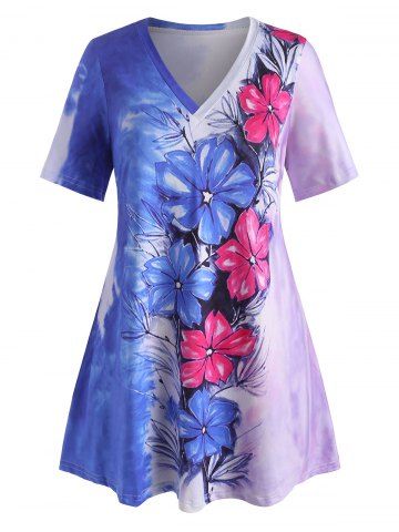 Plus Size Tie Dye Flower Pattern Long Tunic Tee - BLUE - L
