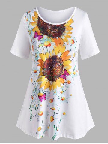 Plus Size Sunflower Pattern Short Sleeve Casual Tee - WHITE - L