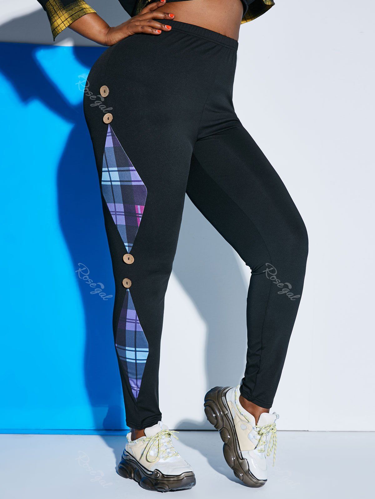 

Plus Size Plaid Mock Button Skinny Leggings, Black
