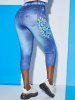 Legging Corsaire à Imprimé 3D Fleur de Grande Taille - Bleu 5X