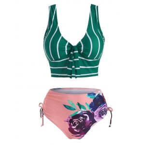 

Flower Striped Tied Cinched Tankini Swimwear, Green