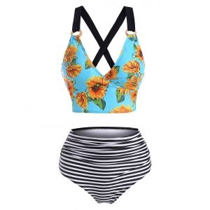 

Lace Up Sunflower Striped Tummy Control Tankini Swimwear, Multi