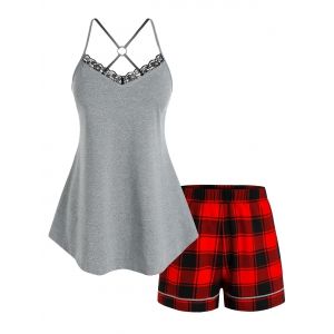 

Plus Size Strappy O Ring Top and Plaid Shorts Pajamas Set, Multi