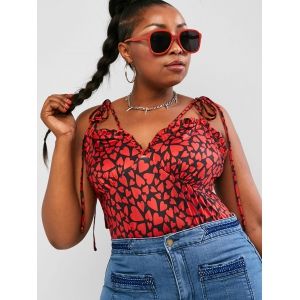 

Plus Size Tie Shoulder Ruffled Heart Print Valentine Bodysuit, Multi