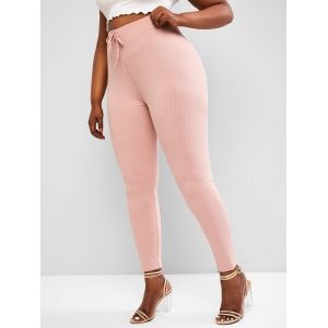 

Plus Size Waist Tie Rib-knit Leggings, Light pink