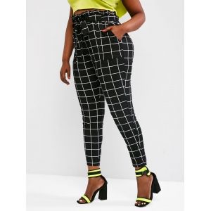 

Plus Size Paperbag Waist Check Pattern Pants, Black