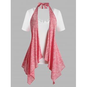 

Plus Size Asymmetric Draped Front Top and T-shirt Set, Red