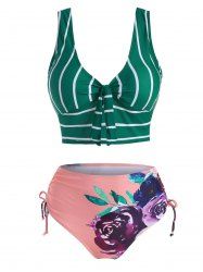 Flower Striped Tied Cinched Tankini Swimwear -  