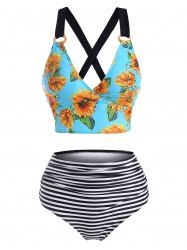 Lace Up Sunflower Striped Tummy Control Tankini Swimwear -  
