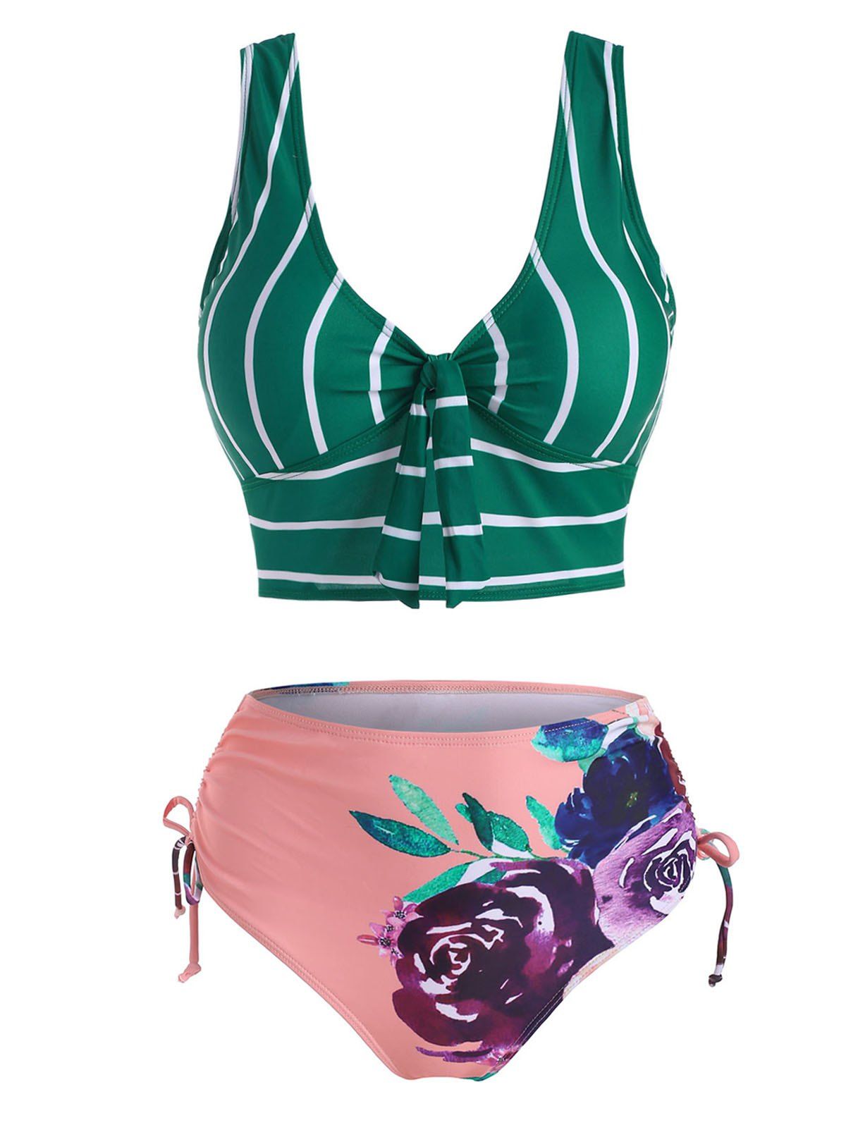 Chic Flower Striped Tied Cinched Tankini Swimwear  