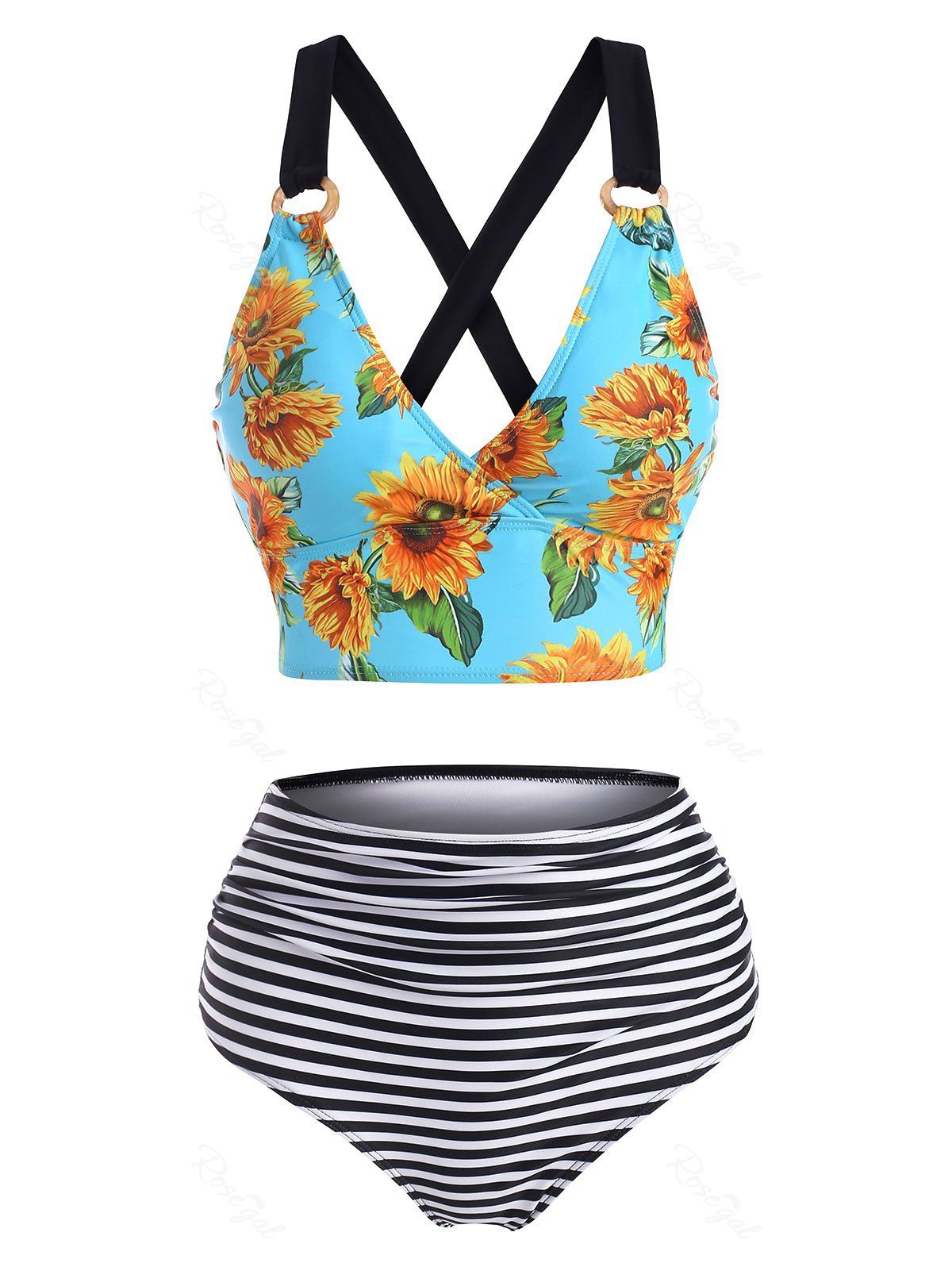 Best Lace Up Sunflower Striped Tummy Control Tankini Swimwear  
