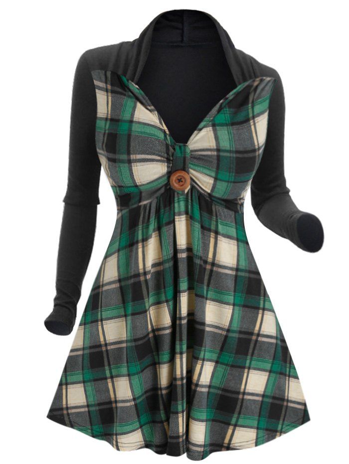 

Plaid Print Button Embellished Twofer T-shirt, Green