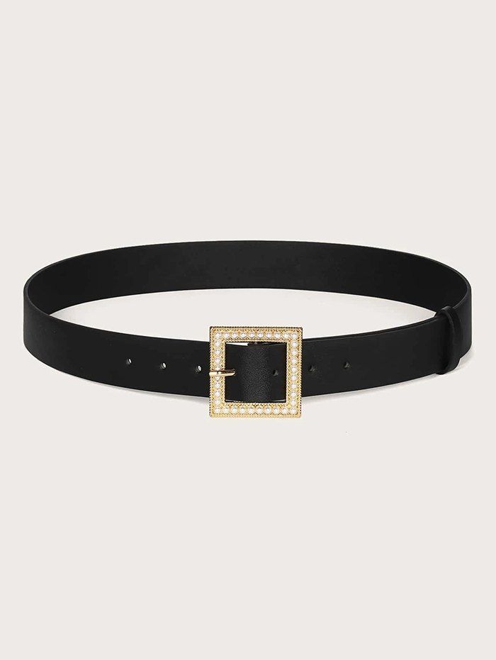 

Square Faux Pearl Pin Buckle Belt, Black