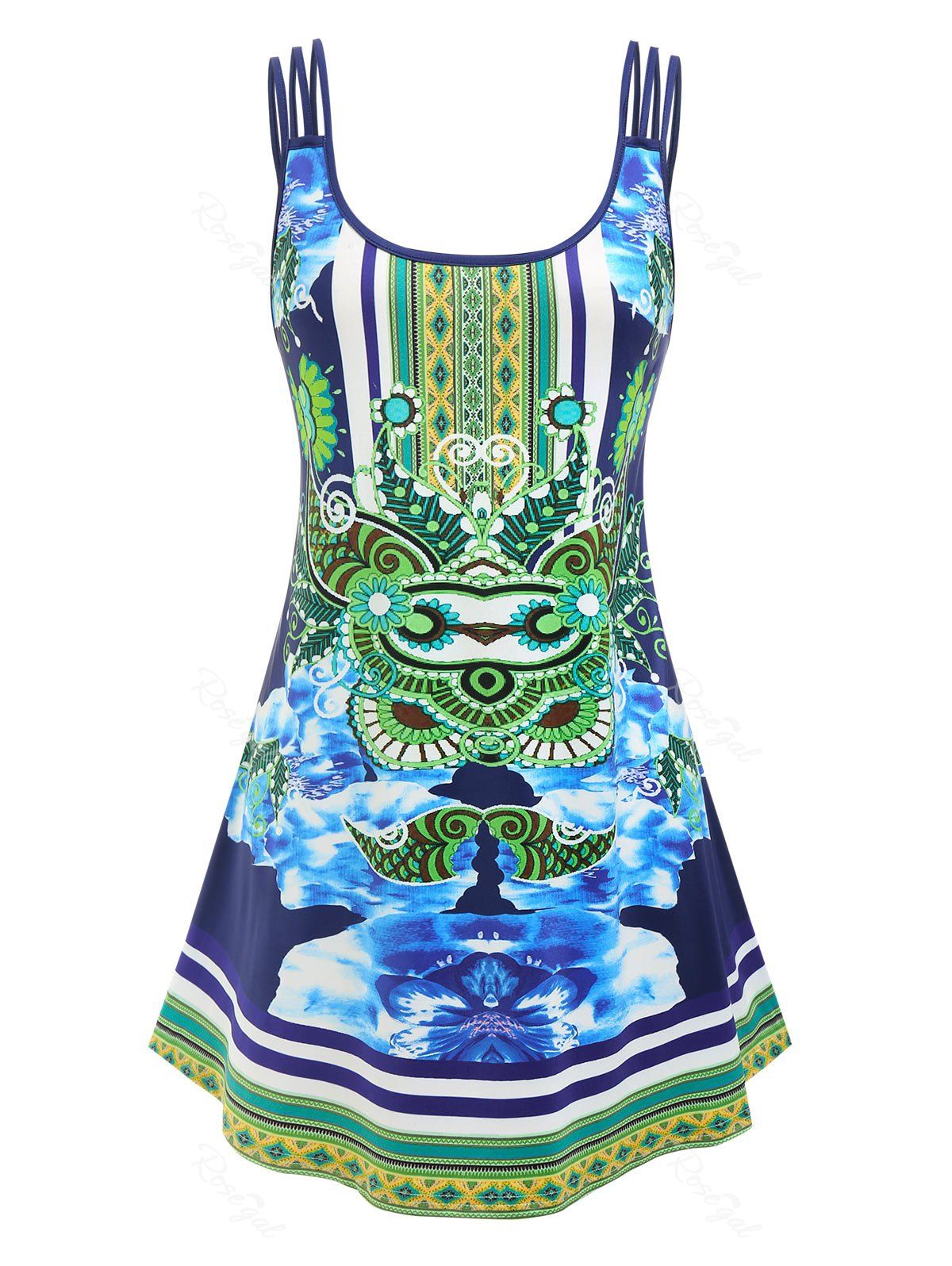 Affordable Plus Size Tribal Print Strappy Tent Dress  