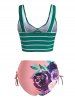 Flower Striped Tied Cinched Tankini Swimwear -  