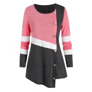 

Buttons Colorblock Asymmetric T Shirt, Pink