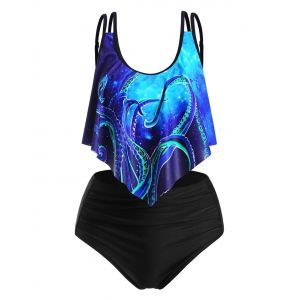 

Flounce Overlay Tummy Control Octopus Print Tankini Swimwear, Multi