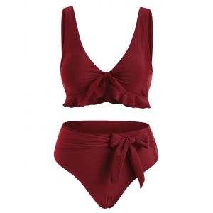 

Tied Ruffle Belted Full Coverage Bikini Swimwear, Deep red