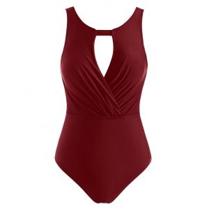 

Ruched Hollow Out Open Back One-piece Swimsuit, Deep red
