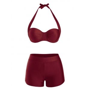 

Halter Tie Boyleg Push Up Bikini Swimwear, Deep red