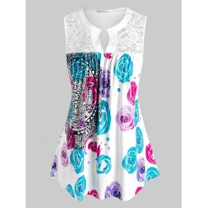 

Plus Size Sleeveless Floral Print Lace Panel Blouse, White