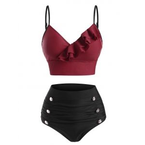 

Colorblock Ruffle Mock Button Tummy Control Bikini Swimwear, Deep red