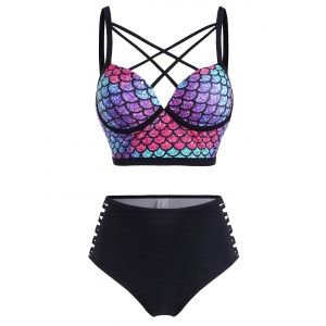 

Mermaid Print Criss Cross Moulded Tankini Swimwear, Multi