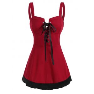 

Two Tone Lace Up Sweetheart Tank Top, Red