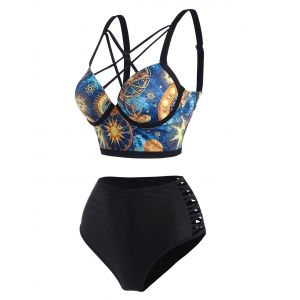 

Sun Planet Print Criss Cross Moulded Tankini Swimwear, Multi