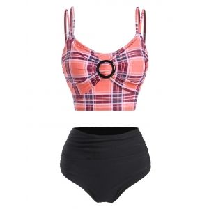 

O Ring Plaid Tummy Control Tankini Swimwear, Light pink
