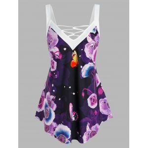 

Plus Size Flower Butterfly Backless Lattice Tank Top, Concord
