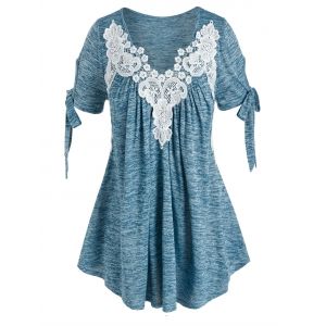 

Plus Size Tie Sleeves Lace Applique Space Dye Tee, Blue