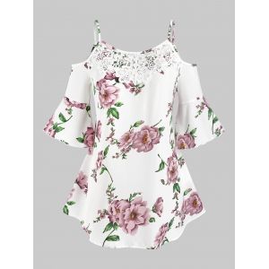 

Plus Size Bell Sleeve Floral Print Cold Shoulder Blouse, White