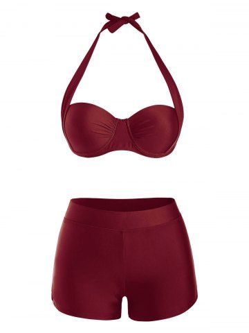 Halter Tie Boyleg Push Up Bikini Swimwear - DEEP RED - S