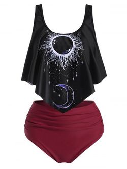 Flounce Overlay Sun Moon Print Tummy Control Tankini Swimwear - BLACK - M