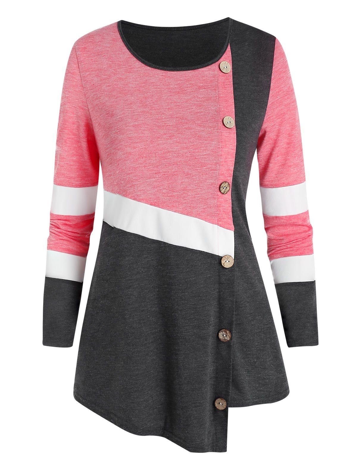 

Buttons Colorblock Asymmetric T Shirt, Pink