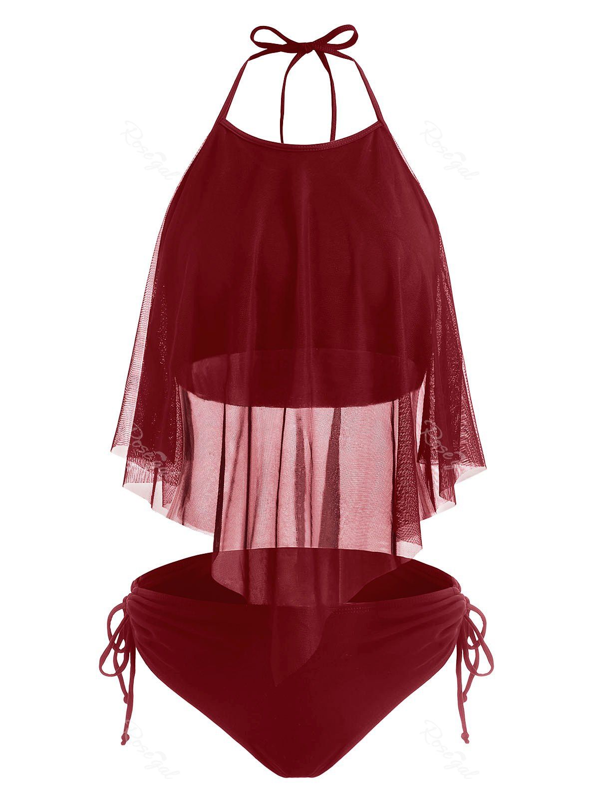 

Halter Mesh Flounce Overlay Tie Side Tankini Swimwear, Deep red