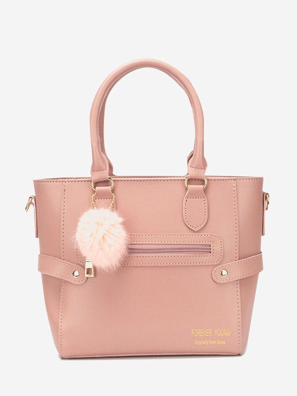 

Pom Pom Pendant Letter Pattern Tote Bag, Pink rose