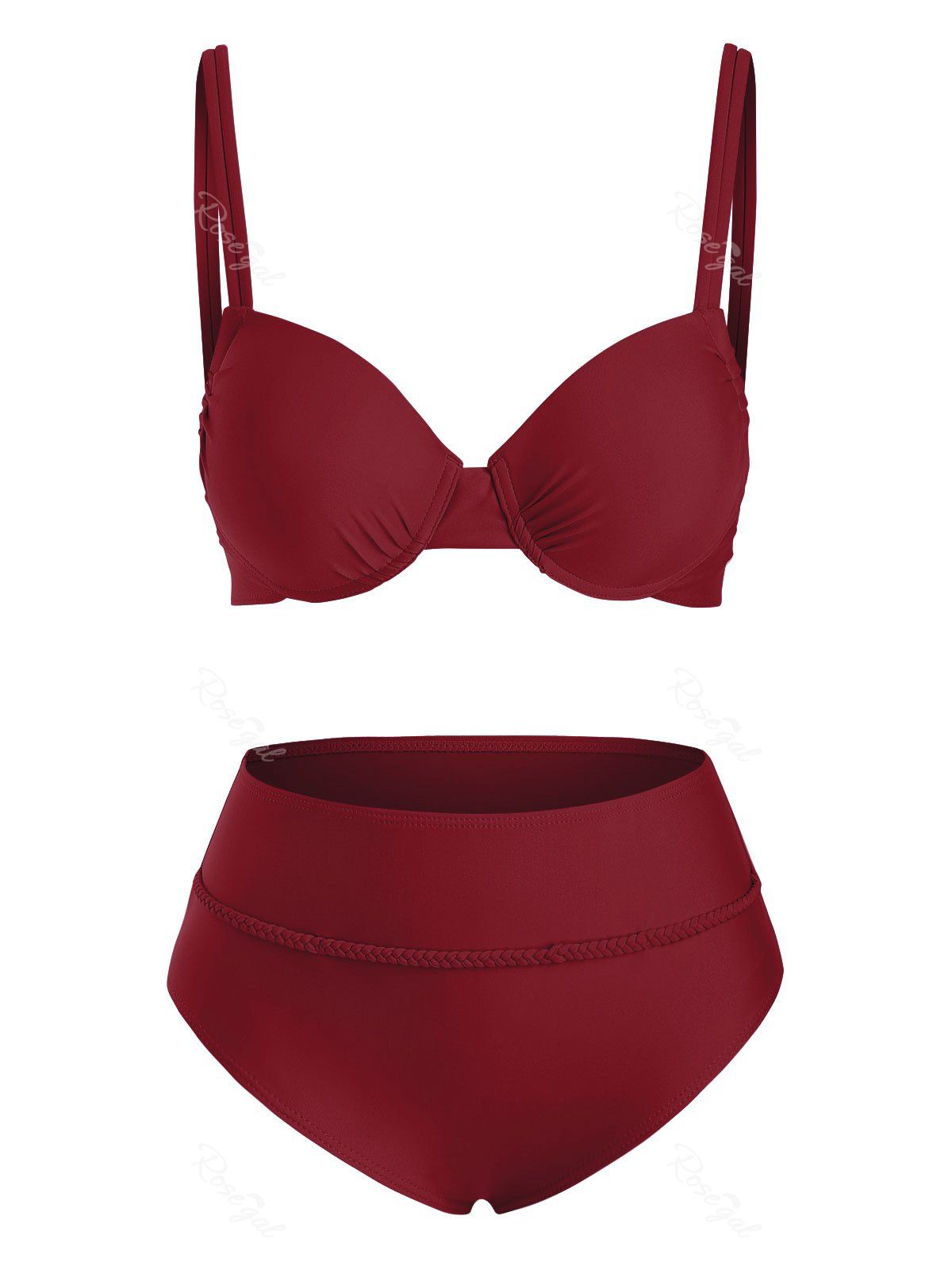 Maillot de Bain Bikini Tressé à Double Bretelle Rouge foncé M