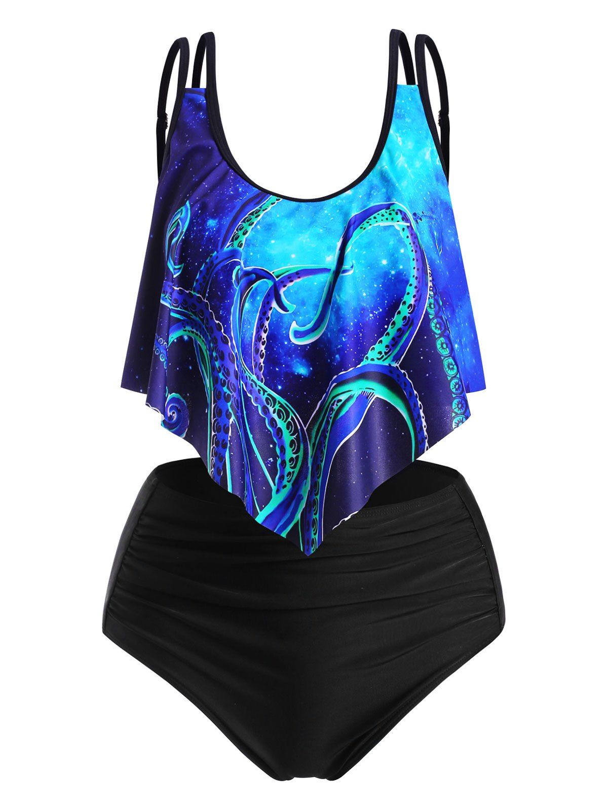 Store Flounce Overlay Tummy Control Octopus Print Tankini Swimwear  
