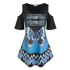 

Plus Size Cold Shoulder Butterfly Print Tee, Black