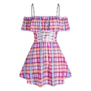 

Plus Size Ruffled Cold Shoulder Lace Up Plaid Dress, Multi