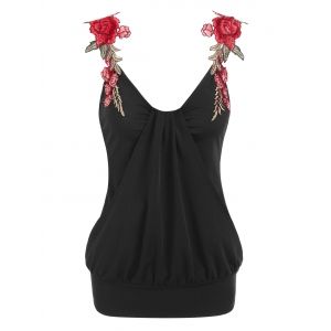 

Flower Embroidered Overlay Blouson Tank Top, Black