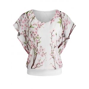 

Batwing Sleeve Floral Print Chiffon Blouse, White