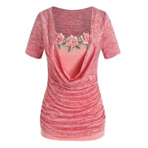 

Plus Size Space Dye Cowl Neck Tee and Floral Applique Tank Top Set, Red
