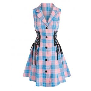 

Plaid Print Lace-up Sleeveless Button Up Dress, Multi