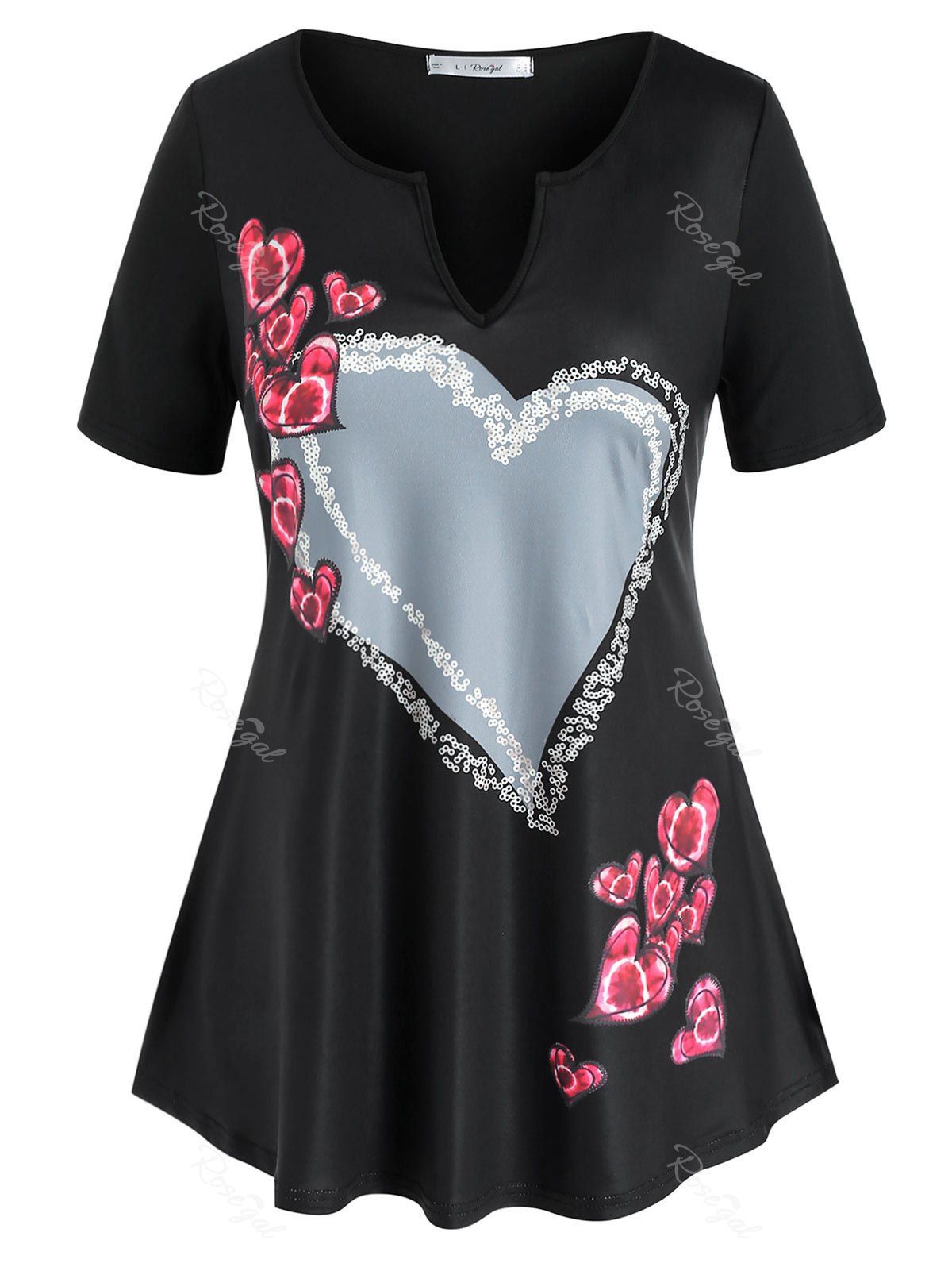 

Plus Size Valentine Heart Pattern V Notch Tee, Black