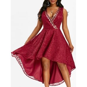 

Lace Sequined Plunging Surplice Dress, Red